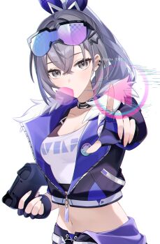1girl black_choker black_gloves black_jacket blowing_bubble_gum blowing_bubbles breasts chewing_gum choker cleavage controller crop_top cropped_jacket eyewear_on_head fingerless_gloves fur-trimmed_jacket fur_trim gaba_(gaba_0987) game_controller gloves grey_eyes grey_hair highres holding holding_controller holding_game_controller honkai:_star_rail honkai_(series) jacket long_hair looking_at_viewer midriff navel shirt silver_wolf_(honkai:_star_rail) simple_background small_breasts solo stomach sunglasses upper_body white_background white_shirt