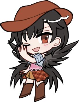 1girl :d ;d black_hair black_wings blue_shirt blush boots brown_boots brown_hat brown_skirt chibi chibi_only feathered_wings full_body hand_up hat knee_boots kurokoma_saki looking_at_viewer mirei_(miirei) one_eye_closed open_mouth plaid_clothes plaid_skirt red_eyes shirt short_hair short_sleeves simple_background skirt smile solo standing touhou transparent_background wings