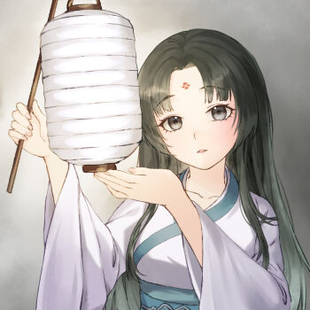 1girl aesice black_hair blue_eyes chinese_clothes commentary_request curtained_hair fingernails hanfu highres holding holding_lantern jiaoling_ruqun lantern legend_of_mortal long_hair long_sidelocks looking_at_viewer paper_lantern parted_hair parted_lips sheng_xue sidelocks solo upper_body white_hanfu wide_sleeves