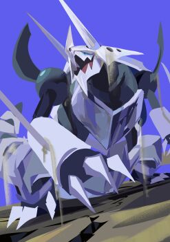 1other absurdres aggron armor blue_eyes blue_sky claws commentary english_commentary gen_3_pokemon highres kyogawan metal_skin multiple_legs nintendo open_mouth pokemon pokemon_(creature) sharp_teeth sky tail teeth