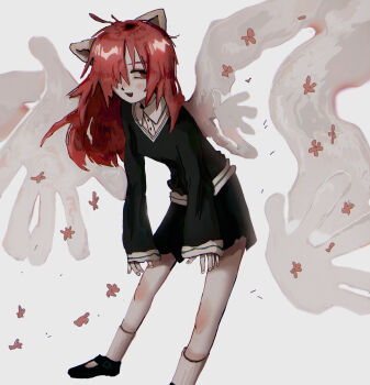 1girl absurdres black_dress dress elfen_lied fffkorobka foot_out_of_frame hair_over_one_eye highres horns leaning_forward long_hair long_sleeves looking_at_viewer lucy_(elfen_lied) mary_janes messy_hair open_mouth red_eyes red_hair shirt shoes sleeves_past_fingers sleeves_past_wrists socks solo standing vectors white_background white_shirt white_socks