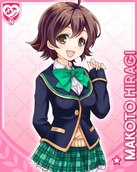 1girl :d ahoge bow bowtie breasts brown_eyes brown_hair card_(medium) cardigan character_name girlfriend_(kari) green_bow green_bowtie green_skirt hiragi_makoto_(girlfriend_(kari)) jacket large_breasts looking_at_viewer miniskirt official_art open_mouth pink_background plaid_clothes plaid_skirt pleated_skirt qp:flapper school_uniform shirt short_hair skirt smile solo white_shirt yellow_cardigan