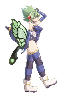 Rule 34 | 1girl, absurdres, ankle boots, aquarius sadalmelik, arthropod girl, bangle, black leotard, black thighhighs, blue gloves, blue leotard, blue thighhighs, boots, bracelet, breasts, butterfly girl, butterfly wings, commentary request, elbow gloves, from side, gloves, gold trim, green hair, hair between eyes, hairband, highres, insect wings, jewelry, leotard, low wings, medium breasts, multicolored leotard, multicolored thighhighs, open mouth, pointy ears, sanryuu (rjjk5222), shinrabanshou, short hair, solo, striped clothes, striped thighhighs, thighhighs, white background, white boots, wings, yellow eyes