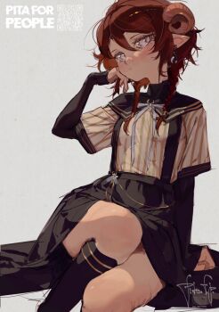 Rule 34 | 1girl, black skirt, black socks, braid, breasts, brown hair, earrings, grey background, grey eyes, hair between eyes, highres, horns, jewelry, kneehighs, layered sleeves, long sleeves, medium hair, original, pita-potato, pointy ears, sheep horns, shirt tucked in, short over long sleeves, short sleeves, simple background, sitting, skirt, small breasts, socks, solo, twin braids, twintails
