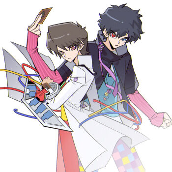 Rule 34 | 2boys, animification, black hair, blue eyes, bright pupils, brown hair, clenched hand, closed mouth, coat, commentary, dul (dulvista424), hand up, heterochromia, high collar, houjou emu, kamen rider, kamen rider ex-aid (series), lab coat, long sleeves, looking at viewer, male focus, multiple boys, parad, red eyes, short hair, white coat, white pupils, yu-gi-oh!
