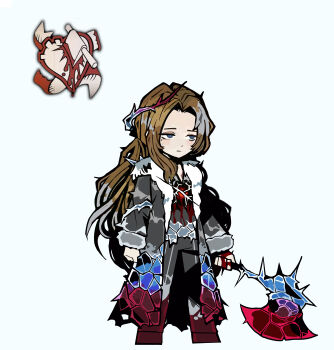 absurdres axe blood blood_on_clothes blood_on_hands blood_on_leg blood_stain bloody_weapon blue_eyes broken_heart brown_hair coat commentary_request e.g.o_(project_moon) frozen fur_collar fur_trim heart highres holding holding_axe korean_commentary limbus_company long_hair project_moon rodion_(project_moon) teko1193 thorns weapon white_background