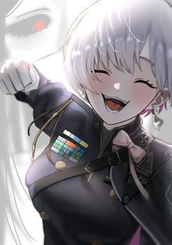 2girls absurdres black_hair black_sclera bow breasts cape cheru_blac clenched_hand closed_eyes colored_sclera commentary_request earrings gloves goddess_of_victory:_nikke highres incoming_attack incoming_punch jacket jewelry large_breasts liliweiss_(nikke) long_hair medal military_jacket military_uniform multiple_girls open_mouth partial_commentary pink_bow projected_inset punching rapture_queen_(nikke) red_eyes ribbon_bar short_hair smile strap upper very_long_hair white_gloves white_hair