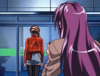 2004 2girls animated animated_gif anime_screenshot ass bible_black bible_black_new_testament brown_hair ichikawa_aki imari_kurumi jacket leather leather_jacket long_hair miniskirt multiple_girls purple_hair shin_bible_black side_ponytail skirt tagme thighhighs tokken_division walking walking_away zettai_ryouiki