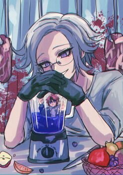 2boys absurdres ahoge aotsuki_eito basket black_gloves black_streaks blender_(object) blood blue_eyes blueberry chromatic_aberration evil_smile food fruit glasses gloves grey_hair grey_jacket highres hood hoodie in_blender jacket kawati lemon looking_at_another male_focus meat_hook mini_person miniboy multicolored_hair multiple_boys onion orange_(fruit) pomegranate purple_eyes raw_meat red_hair shirt short_hair smile spoilers streaked_hair sumino_takumi the_hundred_line_-last_defense_academy- white_hoodie white_shirt