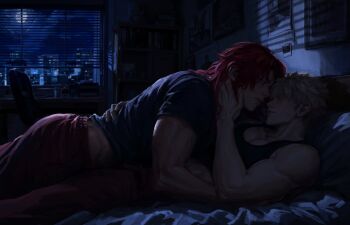 2boys bakugou_katsuki bedroom biceps black_tank_top blonde_hair blue_shirt boku_no_hero_academia boy_on_top closed_mouth collarbone commentary drawthefae earrings english_commentary face-to-face hair_down hand_on_another's_back hand_on_another's_neck highres indoors jewelry kirishima_eijiro lips male_focus medium_hair moon multiple_boys muscular muscular_male night nose on_bed pants pectoral_cleavage pectorals red_hair red_pants shirt short_hair spiked_hair tank_top window yaoi