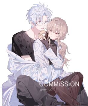 1boy 1girl black_pants black_shirt blonde_hair blue_eyes brown_pants casual character_request closed_mouth coat commentary_request commission donut feet_out_of_frame food glasses hair_behind_eyewear highres holding holding_food honkai:_star_rail honkai_(series) korean_commentary lab_coat long_hair long_sleeves looking_at_another looking_at_food looking_down low_ponytail open_clothes open_coat open_mouth pants phainon_(honkai:_star_rail) ponytail rectangular_eyewear red_hair shirt short_hair simple_background sitting sleeves_past_wrists smile sweat tsurime turtleneck vmv_120 white_background white_coat white_hair