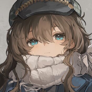 1girl blue_coat blue_eyes brown_hair closed_mouth coat dagong_baiquan grey_background grey_hat hair_between_eyes hat highres long_hair looking_at_viewer marcus_(reverse:1999) newsboy_cap portrait reverse:1999 scarf solo sweat white_scarf