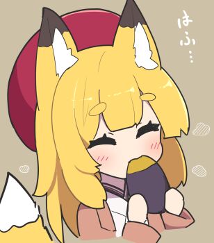 1girl ^_^ animal_ear_fluff animal_ears beret blonde_hair blush brown_background brown_jacket closed_eyes commentary_request cropped_torso eating food fox_ears fox_girl fox_tail hat highres holding holding_food jacket japanese_clothes kimono long_sleeves original red_hat roasted_sweet_potato saisoku_no_yukkuri short_eyebrows simple_background solo sweet_potato tail thick_eyebrows translation_request upper_body white_kimono