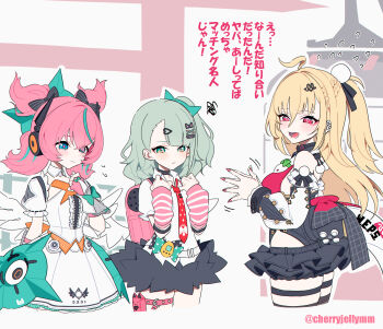 Rule 34 | 3girls, ahoge, aqua hair, aqua streaks, aria (zenless zone zero), arm warmers, bandaid, bandaid hair ornament, bare shoulders, black skirt, blonde hair, blue eyes, breasts, cissia (zenless zone zero), cleavage, closed mouth, commentary request, crossed bangs, detached collar, detached sleeves, dress, fingernails, flying sweatdrops, frilled sleeves, frills, fur-trimmed skirt, fur trim, green eyes, green hair, hair between eyes, hair ornament, heart, heart hair ornament, highres, large breasts, looking at viewer, miri (cherryjelly), multicolored hair, multiple girls, multiple hair clips, necktie, open mouth, pink arm warmers, pink bag, pink hair, pink nails, ponytail, red eyes, red necktie, shirt, skirt, small breasts, snake, snake tail, squiggle, star-shaped pupils, star (symbol), streaked hair, striped arm warmers, sunna (zenless zone zero), symbol-shaped pupils, tail, translation request, twitter username, white background, white dress, white shirt, white snake, white wings, winged bag, wings, zenless zone zero