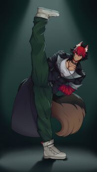 1boy absurdres animal_ear_piercing animal_ears arms_behind_back bandaged_arm bandages black_choker black_jacket choker dog_boy dog_ears dog_tail green_pants highres jacket jewelry komano_manato large_pectorals male_focus multicolored_hair muscular muscular_male necklace nyattane pants pectoral_cleavage pectorals red_bandage scar scar_on_chest scar_on_face shirt shoes smirk standing standing_on_one_leg tail white_shirt white_shoes zenless_zone_zero