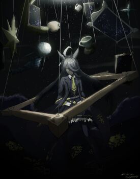 Rule 34 | 1girl, absurdres, ahoge, animal ears, black coat, black hair, black shirt, black skirt, coat, coffee mug, collared shirt, commentary, compass rose, crescent, cup, empty picture frame, hair over one eye, highres, horse ears, horse girl, long hair, manhattan cafe (creeping shadow) (umamusume), manhattan cafe (umamusume), mug, necktie, picture frame, pleated skirt, rika-kiyoshi, shirt, skirt, solo, standing, umamusume, yellow eyes, yellow necktie