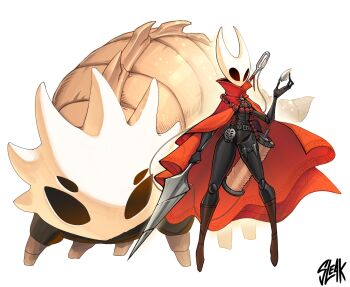 1girl adapted_costume arthropod_girl artist_name bead_necklace beads bell_beast_(hollow_knight) belt belt_pouch black_eyes black_skin blank_eyes boots breasts brown_boots cloak colored_skin female_focus full_body furry furry_female glint hand_up high_collar highres holding holding_weapon hollow_knight hollow_knight:_silksong hornet_(hollow_knight) jewelry joints knee_boots kunai legs legs_apart long_legs looking_afar multiple_belts necklace needle_(hollow_knight) pouch red_cloak signature simple_background sleak small_breasts spool standing string thigh_strap weapon white_background