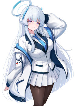 1girl absurdres arm_up blue_archive blue_necktie blush breasts brown_pantyhose closed_mouth collared_shirt commentary_request halo headgear highres jacket large_breasts long_hair long_sleeves looking_at_viewer mechanical_halo miniskirt necktie nezumi_(09261377) noa_(blue_archive) open_clothes open_jacket pantyhose pleated_skirt purple_eyes shirt sidelocks simple_background skirt smile solo standing thighs very_long_hair white_background white_hair white_halo white_jacket white_shirt white_skirt wing_collar