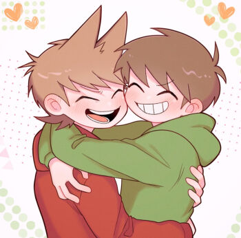 Rule 34 | 2boys, ^ ^, antenna hair, arms around neck, arms around waist, blush, brown hair, cheek-to-cheek, closed eyes, commentary request, couple, drawstring, edd (eddsworld), eddsworld, flipped hair, from side, green hoodie, grin, hair behind ear, hair ears, heads together, heart, hood, hood down, hoodie, hug, long sleeves, male focus, mau (edd tom), multiple boys, open mouth, red hoodie, short hair, smile, swept bangs, tord (eddsworld), upper body, yaoi