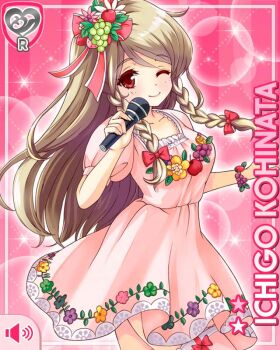 1girl ;) bow bow_legwear braid breasts brown_hair card_(medium) character_name dress food food-themed_hair_ornament fruit fruit_hair_ornament girlfriend_(kari) hair_bow hair_ornament holding holding_microphone kohinata_ichigo long_hair looking_at_viewer microphone miniskirt official_art one_eye_closed pink_background pink_dress pink_thighhighs qp:flapper red_bow red_eyes skirt smile solo thighhighs thighs twin_braids