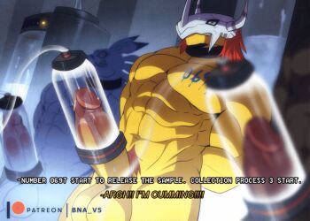 3boys animated animated_gif arms_behind_back breathing colored_skin cum cum_milking digimon digimon_(creature) english_text girthy_penis large_penis male_focus multiple_boys muscular muscular_male penis penis_pump pubic_hair source_request test_subject test_tube wargreymon weregarurumon yellow_skin