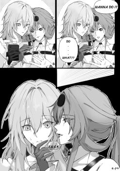2girls absurdres cellphone collared_shirt commentary english_text eyewear_on_head glasses gloves greyscale hand_on_another&#039;s_chin highres holding holding_phone honkai:_star_rail honkai_(series) kafka_(honkai:_star_rail) long_hair monochrome multiple_girls pari phone pince-nez shirt smartphone stelle_(honkai:_star_rail) sunglasses trailblazer_(honkai:_star_rail) twitter_username yuri