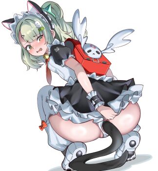 Rule 34 | 1girl, absurdres, anal, anal beads, anal object insertion, anal tail, animal ear hairband, animal ears, ass, ass focus, asymmetrical bangs, backpack, bag, bell, black hairband, black skirt, black tail, black wrist cuffs, blush, bow, bow legwear, breasts, bright pupils, butt plug, cat ear hairband, cat ears, cat tail, clothing aside, commentary, embarrassed, english commentary, fake animal ears, fake tail, frilled hairband, frilled skirt, frilled wrist cuffs, frills, from behind, full body, furrowed brow, ghost hair ornament, green eyes, green hair, hair ornament, hairband, highres, huge ass, jingle bell, leg warmers, looking at viewer, looking back, maid, maid headdress, medium hair, miniskirt, neck bell, necktie, nose blush, object insertion, one side up, open mouth, orange bow, panties, panties aside, partially visible vulva, patomu, paw shoes, pawpads, pear-shaped figure, puffy short sleeves, puffy sleeves, raised inner eyebrows, randoseru, red bag, red necktie, shiny skin, shirt, shoe soles, shoes, short sleeves, simple background, skirt, sleeve cuff bow, small breasts, solo, squatting, sunna (afternoon tea break) (zenless zone zero), sunna (zenless zone zero), swept bangs, tail, thighhighs, tiptoes, triangle hair ornament, underwear, uneven eyes, white background, white bow, white leg warmers, white panties, white pupils, white shirt, white shoes, white thighhighs, white wings, winged bag, wings, wrist cuffs, zenless zone zero