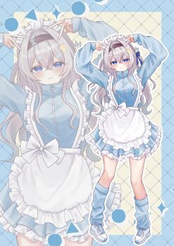 1girl absurdres alternate_costume apron arms_up blue_dress blue_eyes blue_socks blush bow breasts closed_mouth commentary double_v dress eyebrows_hidden_by_hair firefly_(honkai:_star_rail) frilled_apron frilled_dress frills full_body grey_hair hair_between_eyes hair_ornament hairband hairpin highres honkai:_star_rail honkai_(series) kneehighs long_hair long_sleeves looking_at_viewer loose_socks maid maid_apron maid_headdress multiple_hairpins multiple_views polka_dot puffy_sleeves ribbon shoes sidelocks simple_background sleeves_past_wrists smile sneakers socks solo standing str_sawa symbol-only_commentary unconventional_maid v waist_apron white_apron x_hair_ornament zoom_layer