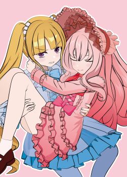 1boy 1girl 2girls absurdres blonde_hair blue_dress blush bonnet carrying closed_eyes cowboy_shot digimon digimon_story:_time_stranger dress highres homeros_(digimon) long_hair multiple_girls pantyhose pink_background pink_bonnet pink_dress princess_carry simple_background smile tai_(cheungsk1213) twintails white_pantyhose yggdrasill_(digimon)