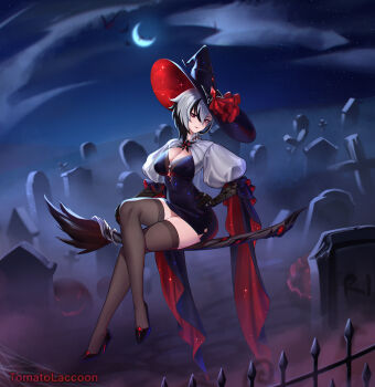 1girl alternate_costume arlecchino_(genshin_impact) artist_name black_dress black_shoes black_streaks black_thighhighs breasts broom broom_riding cleavage closed_mouth commentary crescent crossed_legs dress english_commentary full_body genshin_impact graveyard grey_eyes hair_between_eyes hand_on_own_hip hat high_heels highres large_breasts looking_at_viewer multicolored_hair night outdoors puffy_sleeves red_pupils shoes sitting smile solo streaked_hair symbol-shaped_pupils thighhighs tomatolaccoon tombstone white_hair white_sleeves witch_hat x-shaped_pupils