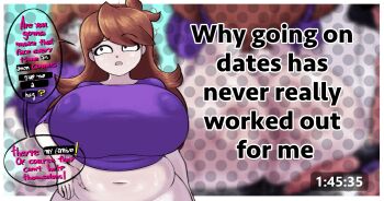 1girl bottomless breasts brown_hair dedalo english_text female_focus huge_breasts jaiden_(jaiden_animations) jaiden_animations long_hair looking_at_viewer partially_undressed solo solo_focus speech_bubble sweat