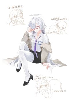 Rule 34 | 3girls, absurdres, black shoes, black skirt, chinese commentary, chisa (wuthering waves), coloki, colored eyelashes, comiket 107, commentary request, earrings, glasses, grey hair, hair over one eye, halo, hand up, high heels, highres, id card, jewelry, long hair, looking at viewer, loose necktie, lynae (wuthering waves), mornye (wuthering waves), multiple girls, necktie, off shoulder, official alternate costume, purple necktie, red-framed eyewear, red eyes, semi-rimless eyewear, shirt, shoes, sitting, skirt, solo focus, translation request, under-rim eyewear, white shirt, wuthering waves