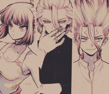 Rule 34 | 1girl, 2boys, between fingers, black bodysuit, bodysuit, breasts, choker, cigarette, collarbone, dr. stone, eyelashes, facial mark, gloves, hair between eyes, half-closed eyes, highres, holding, holding cigarette, ishigami senkuu, kohaku (dr. stone), lips, lipstick, long eyelashes, looking to the side, makeup, monochrome, multiple boys, ninomae gin, open mouth, parted lips, shirt, short hair, siblings, sidelocks, signature, smile, smirk, smoking, spiked hair, stanley snyder (dr.stone), tank top, thick eyebrows, white gloves