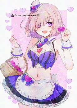 Rule 34 | 1girl, absurdres, between breasts, breasts, commentary request, cosplay, fate/grand order, fate (series), harukappa, hat, heart, highres, large breasts, looking at viewer, mash kyrielight, medium hair, navel, necktie, open mouth, pink hair, purple eyes, skirt, smile, tohsaka rin, tohsaka rin (street choco-maid), tohsaka rin (street choco-maid) (cosplay), top hat, wrist cuffs