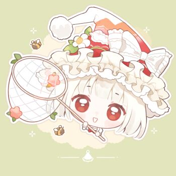 Rule 34 | 1girl, baonu de zhanshen caibutou, bee, blonde hair, blunt bangs, blunt ends, bow, bowtie, bug, butterfly net, chibi, chinese commentary, choker, commentary request, cropped torso, dot nose, dress, eyelashes, flower, frilled bow, frilled choker, frilled headwear, frilled wrist cuffs, frills, green background, hand net, happy, hat, hat bow, hat flower, highres, holding, holding butterfly net, infinity nikki, insect, leaf, light blush, looking at viewer, multicolored hat, nikki (series), open mouth, orange hat, outline, pink flower, plant, polka dot, polka dot bow, polka dot bowtie, pom pom (clothes), puffy short sleeves, puffy sleeves, red bow, red bowtie, red eyes, red hat, short hair, short sleeves, smile, solo, sparkle, square neckline, sweet waltz (infinity nikki), tareme, vines, white bow, white choker, white dress, white flower, white hair, white outline, white wrist cuffs, witch hat, wrist cuffs