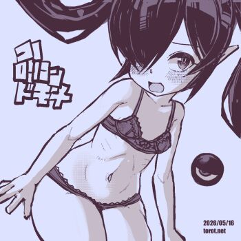 1girl backbeako_(torotei) backbeard blue_background blue_theme blush bra breasts collarbone commentary cowboy_shot dated dated_commentary gegege_no_kitarou hair_over_one_eye kono_lolicon_domome leaning_forward long_hair looking_at_viewer monochrome navel open_mouth original paid_reward_available panties pear-shaped_figure pointy_ears rectangular_mouth ribs simple_background small_breasts solo standing stomach thighs torotei translated twintails underwear underwear_only very_long_hair watermark web_address
