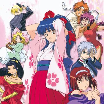 1990s_(style) 6+girls adjusting_hair album_cover apron arms_behind_head backboob bad_link bare_shoulders bead_necklace beads black_hair black_sleeves black_suit blonde_hair blue_eyes blue_jacket blue_sleeves bow braid breasts brown_eyes brown_gloves cel_shading china_dress chinese_clothes cleavage closed_mouth collarbone cover cowboy_shot detached_sleeves dougi dress earrings everyone falling_petals fingerless_gloves floral_print floral_print_kimono formal_clothes freckles frilled_apron frills gloves gold_necklace green_dress green_eyes grey_hair gun hair_ornament hair_ribbon hairband hakama hakama_skirt half_updo hand_on_own_head headband highres holding holding_gun holding_stuffed_toy holding_weapon iris_chateaubriand jacket japanese_clothes jean-paul jewelry juliet_sleeves kanzaki_sumire karate_gi kimono kirishima_kanna large_breasts legs light_brown_hair long_hair long_sleeves maria_tachibana medium_breasts mole mole_under_eye multiple_girls neck_ribbon necklace obi official_art one_eye_closed open_mouth parted_bangs parted_lips pelvic_curtain petals pink_background pink_bow pink_hair pink_kimono pink_sleeves pinstripe_pattern pinstripe_suit pointing pointing_up ponytail print_kimono puffy_sleeves purple_eyes purple_hair purple_kimono purple_sash red_dress red_hakama red_ribbon red_tank_top reni_milchstrasse retro_artstyle ri_kouran ribbon round_eyewear sakura_taisen sash sega shinguuji_sakura shirt short_hair side_slit sidelocks simple_background skirt small_breasts smile soletta_orihime standing straight_hair striped_clothes striped_shirt striped_sleeves stuffed_animal stuffed_toy suit tank_top teddy_bear teeth third-party_source traditional_media twin_braids tying_hair upper_body vertical-striped_clothes vertical-striped_shirt wavy_hair weapon white_background white_hairband white_headband white_sleeves wide_sleeves wrench yellow_sleeves