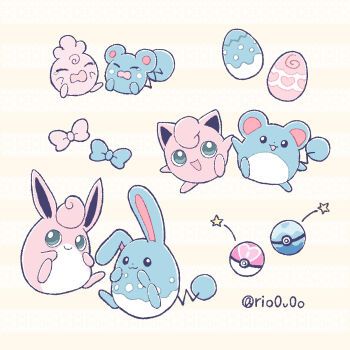 azumarill azurill blue_bow bow closed_mouth crying dive_ball egg evolutionary_line gen_1_pokemon gen_2_pokemon gen_3_pokemon green_eyes highres igglybuff jigglypuff love_ball marill nintendo no_humans open_mouth pink_bow poke_ball pokemon pokemon_(creature) rio_(rio0v0o) simple_background star_(symbol) twitter_username white_background wigglytuff