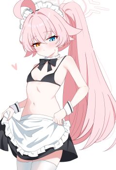 1girl adachi_(ttriwk) ahoge apron bikini black_bikini blue_archive breasts detached_collar heart heterochromia highres hoshino_(blue_archive) loli maid_apron maid_headdress navel pink_hair ponytail simple_background skirt small_breasts solo spoken_heart swimsuit thighhighs thighs white_background wrist_cuffs