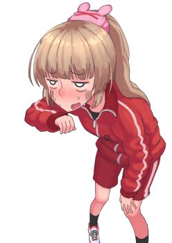 1girl bags_under_eyes black_eyes black_socks blonde_hair blunt_bangs blush commentary_request foot_out_of_frame high_ponytail highres jacket leaning_forward long_hair natori_sana open_mouth ponytail red_jacket red_shorts s_ibane sana_channel shoes shorts simple_background socks solo standing sweat track_jacket track_suit virtual_youtuber white_background white_shoes