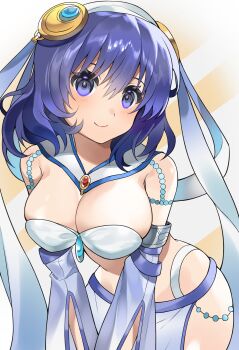 1girl absurdres ao_no_kiseki armlet breasts cancanbaobao55 chinese_commentary closed_mouth commentary_request cowboy_shot eiyuu_densetsu harem_outfit highres jewelry large_breasts leaning_forward looking_at_viewer medium_hair purple_eyes purple_hair rixia_mao smile solo