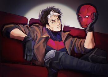 1boy bat_signal batman_(series) batman_symbol black_bodysuit black_gloves black_hair bodysuit brown_jacket dc_comics gloves green_eyes grey_bodysuit highres holding jacket jason_todd male_focus mask multicolored_bodysuit multicolored_hair muscular muscular_male open_clothes pants red_hood_(dc) red_hood_and_the_outlaws red_mask scar scar_on_face short_hair superhero_costume taut_bodysuit two-tone_bodysuit two-tone_hair wiru_(wiryuu)