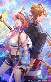 1boy animal_ears atelier_(series) atelier_resleriana atelier_resleriana:_the_red_alchemist_&amp;_the_white_guardian black_gloves black_jacket blue_jacket blue_shorts breasts brown_hair cat_ears cat_girl commentary_request copyright_notice crop_top gloves highres holding holding_hands holding_staff jacket large_breasts long_hair medium_hair midriff navel official_art open_mouth purple_eyes red_hair rias_eidreise senano-yu shorts slade_clauslyter sparkle staff thigh_strap yellow_eyes