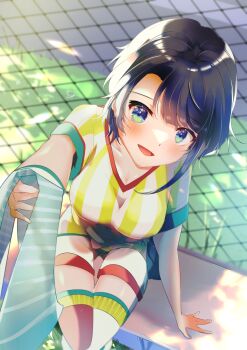 1girl absurdres artist_name asymmetrical_legwear black_hair blue_eyes blush breasts chain-link_fence emutakanoe feet_out_of_frame fence from_above grass highres holding holding_towel hololive knees_together_feet_apart large_breasts looking_at_viewer mismatched_legwear on_bench oozora_subaru oozora_subaru_(1st_costume) open_mouth outdoors reaching reaching_towards_viewer red_thighhighs shirt short_hair shorts signature sitting smile solo striped_clothes striped_shirt swept_bangs thighhighs towel vertical-striped_clothes vertical-striped_shirt virtual_youtuber white_shirt white_shorts white_thighhighs yellow_shirt