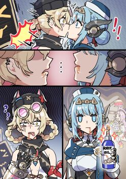 ! !! ... 3girls :| ? ?? ^^^ absurdres accidental_kiss aino_(genshin_impact) android beanie black_gloves black_hat blonde_hair blue_eyes blue_hair blue_hat breasts cake can closed_mouth comic food genshin_impact gloves goggles goggles_on_head hat highres holding holding_can ineffa_(genshin_impact) jahoda_(genshin_impact) kiss medium_breasts medium_hair mismatched_pupils motion_lines motor_oil multiple_girls oil_can open_mouth sakana_(fishchunk) silent_comic small_breasts sparkle surprised sweatdrop tongue tongue_out yellow_eyes yuri
