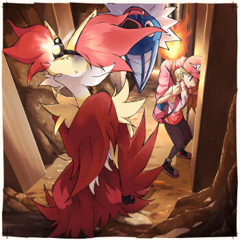 1girl alternate_costume backpack bag black_footwear blonde_hair blue_eyes cave_interior commentary_request delphox eyelashes eyewear_on_headwear fire gen_5_pokemon gen_6_pokemon hat highres holding holding_stick how_long looking_down nintendo pants pokemon pokemon_(creature) pokemon_xy serena_(pokemon) shirt shoes sleeveless sleeveless_shirt standing stick sunglasses swoobat