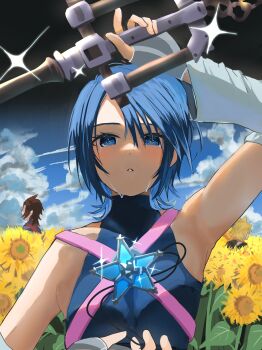 1girl 2boys :o absurdres aqua_(kingdom_hearts) bare_shoulders blonde_hair blue_eyes blue_hair blue_sky brown_hair cloud commentary_request detached_sleeves fingerless_gloves flower gloves grey_gloves highres holding holding_weapon kawame626 keyblade kingdom_hearts kingdom_hearts_birth_by_sleep looking_at_viewer multiple_boys short_hair sky sunflower tears terra_(kingdom_hearts) ventus_(kingdom_hearts) weapon yellow_flower