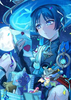 1boy absurdres armor bag black_bodysuit black_bow black_bridal_gauntlets black_hair black_shorts blue_cape blue_eyes blue_gem blue_hat blue_kimono blunt_ends blush bodysuit bow box bridal_gauntlets bright_pupils candy cape choppy_bangs closed_mouth commentary_request confetti covered_collarbone durin_(genshin_impact) eyeliner fingernails food gem genshin_impact gift gift_box glint gnsn_tera gold gold_ring hat heart highres holding holding_letter holding_paper japanese_armor japanese_clothes jingasa juban kimono knee_up kote kurokote letter looking_at_object makeup male_focus mandarin_collar middle_ring mini_durin_(genshin_impact) night open_clothes open_kimono outdoors paper paper_bag parted_bangs pom_pom_(clothes) reading red_eyeliner scaramouche_(cat)_(genshin_impact) scaramouche_(genshin_impact) short_sleeves shorts shoulder_peek sitting sky solo star_(sky) starry_sky sticker stuffed_animal stuffed_toy tsurime twitter_username vision_(genshin_impact) wanderer_(genshin_impact) watermark wax_seal white_kimono white_pupils white_sleeves