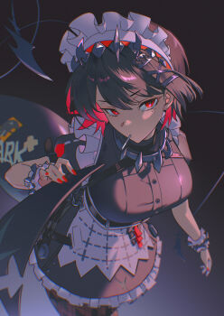 1girl absurdres black_dress black_hair breasts brown_pantyhose colored_inner_hair commentary cowboy_shot dark_background dress ellen_joe english_commentary fins fish_tail frilled_wristband hairband highres holding_own_tail large_breasts lollipop_in_mouth looking_at_viewer metal_hairband mole mole_under_eye multicolored_hair pantyhose razor_blade_hair_ornament red_eyes red_nails scar scar_on_tail shark_girl shark_tail short_hair solo spiked_headband tail tanjwi zenless_zone_zero