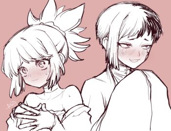 Rule 34 | 1boy, 1girl, asagiri gen, bare shoulders, blush, choker, dr. stone, embarrassed, gloves, hands up, high ponytail, interlocked fingers, japanese clothes, kimono, kohaku (dr. stone), looking to the side, medium hair, multicolored hair, nervous, nervous sweating, ninomae gin, nose blush, open mouth, pink background, ponytail, red background, shirt, short hair, sidelocks, simple background, single sidelock, sketch, smile, spiked hair, split-color hair, sweat, sweatdrop, turtleneck, turtleneck shirt, two-tone hair, white choker, white kimono